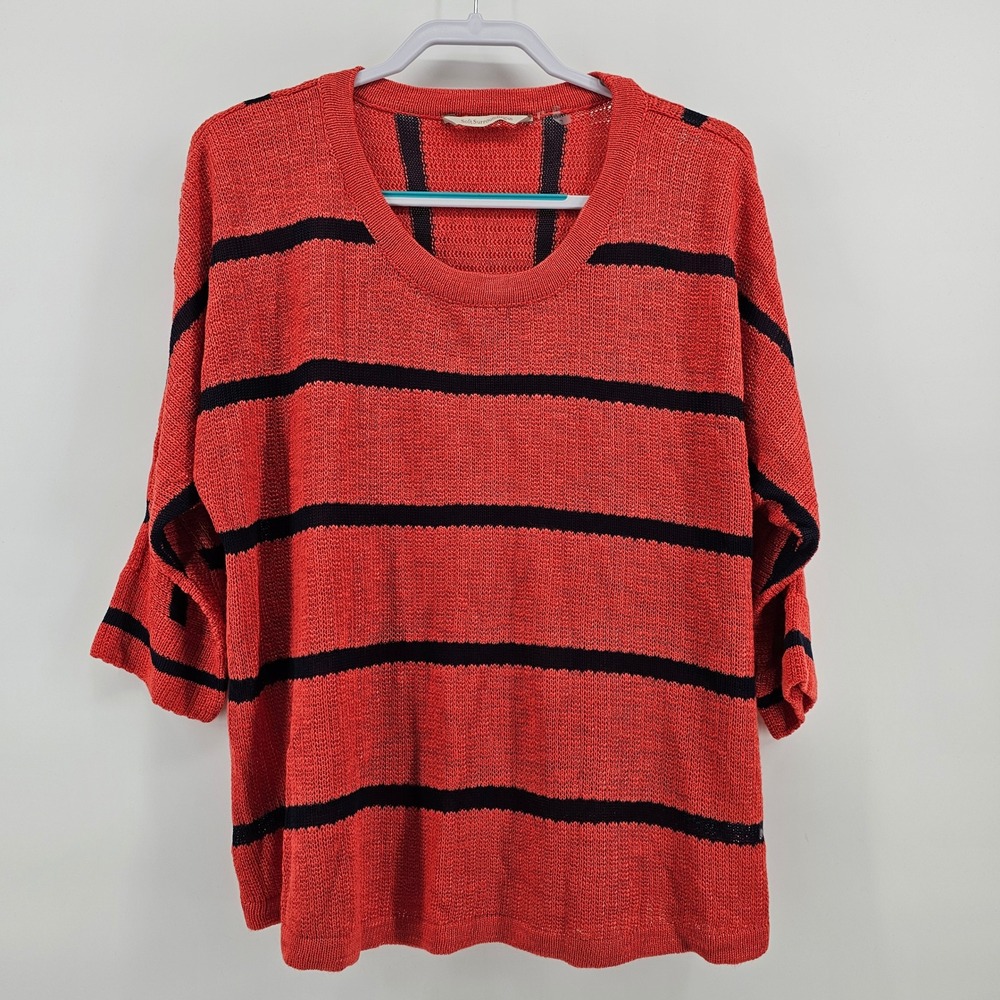 Soft Surroundings Sweater Women Large Orange Navy Blue Striped 3/4 Sleeve 26447